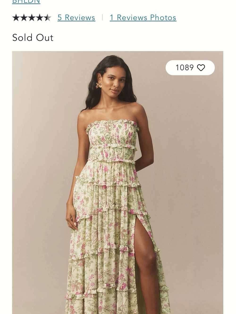 BHLDN Strapless Floral Ruffle Maxi Dress